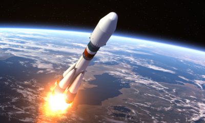 Heavy Carrier Rocket Launch. 3D Scene. Elements of this image furnished by NASA.