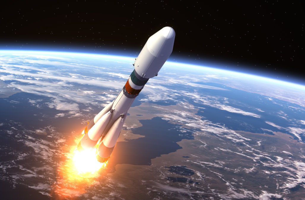 Heavy Carrier Rocket Launch. 3D Scene. Elements of this image furnished by NASA.