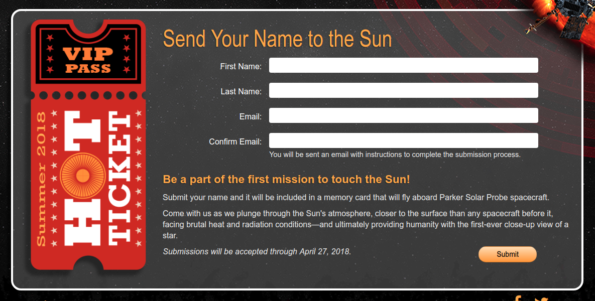 Formulario para enviar tu nombre al Sol