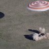 A Russian Soyuz MS-07 space capsule lands about 150 km (90 miles) south-east of the Kazakh town of Dzhezkazgan, on June 3, 2018.
A Soyuz space capsule with Russian cosmonaut Anton Shkaplerov, US astronaut Scott Tingle and Japanese astronaut Norishige Kanai, returning from a mission to the International Space Station (ISS) landed safely on the steppes of Kazakhstan. / AFP PHOTO / POOL